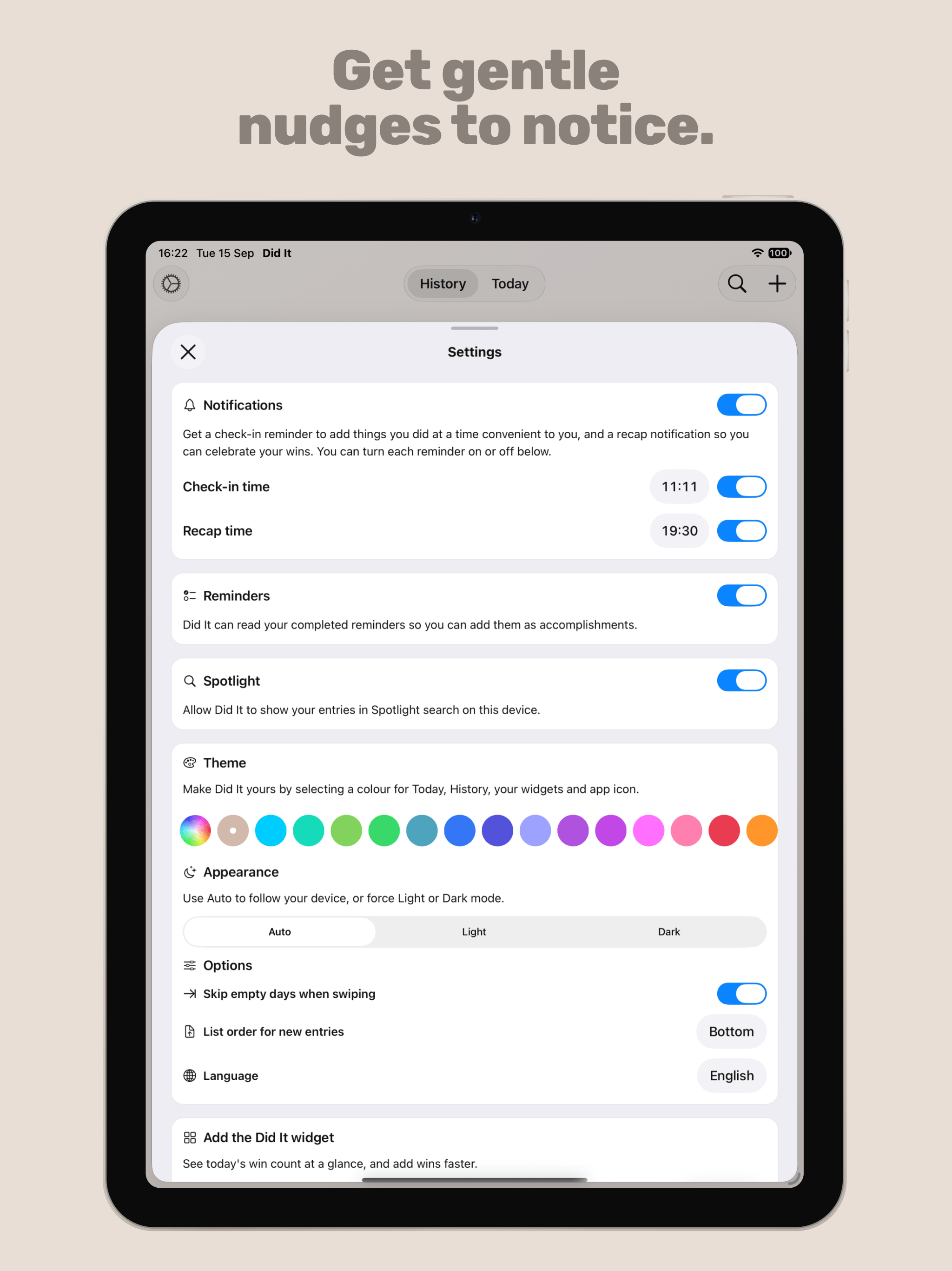 Get gentle nudges to notice. – Did It on iPad & Mac