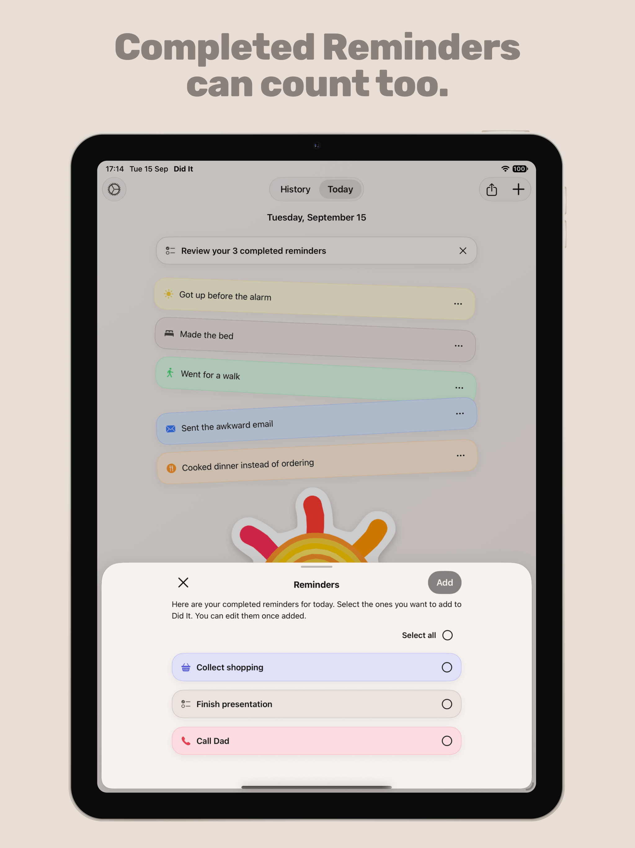 Include completed Reminders too. – Did It on iPad & Mac