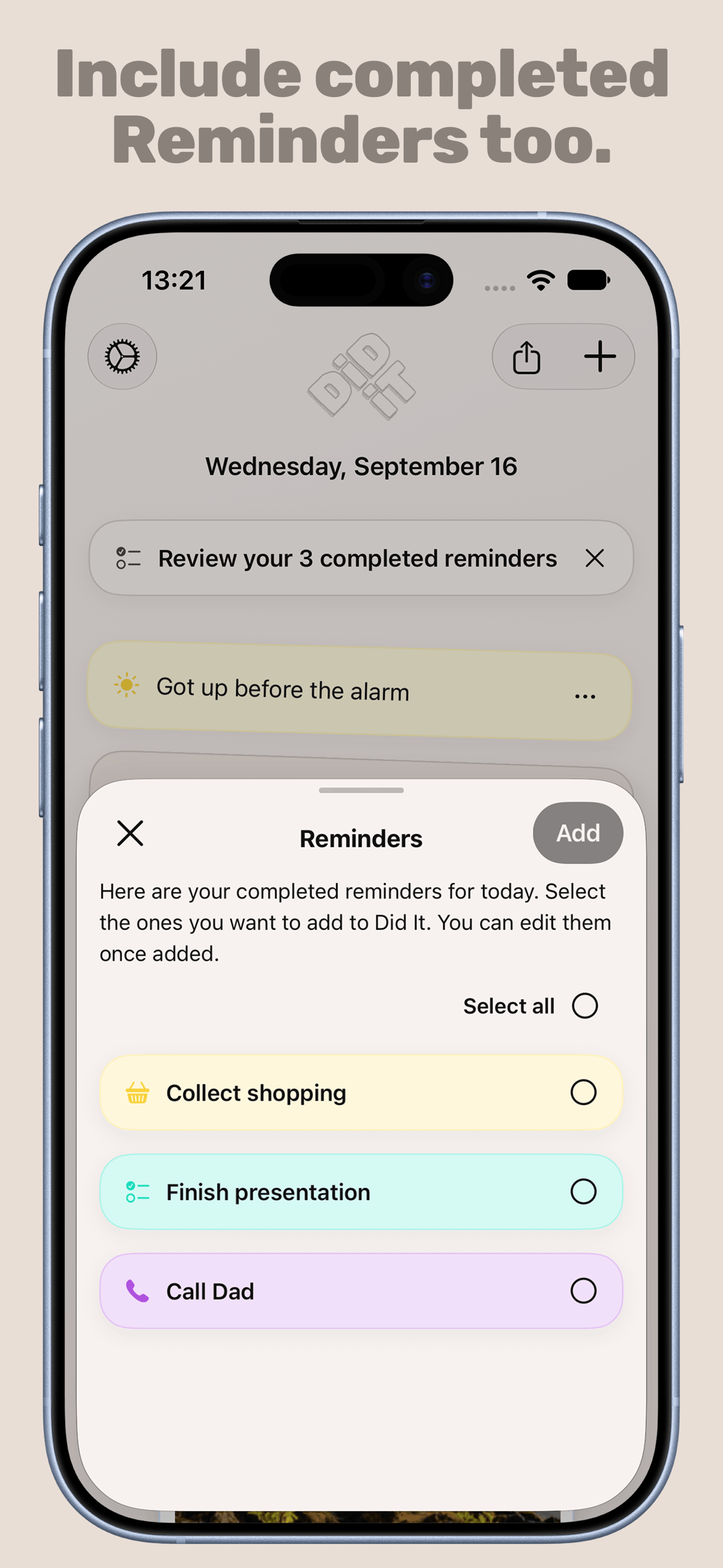 Include completed Reminders too. – Did It on iPhone